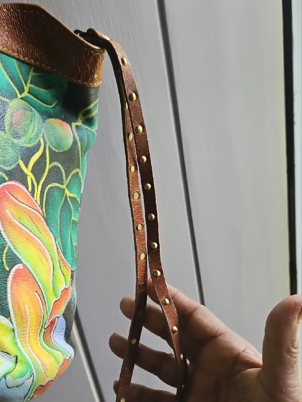 Sharif Hand-Painted Floral and Landscape Tote Satchel in Brown Leather Trim
